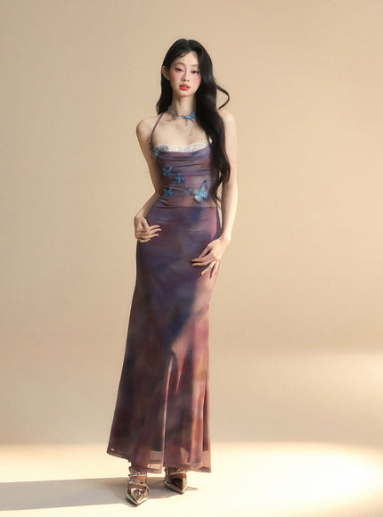 Sheer Butterfly Appliqué Halter Maxi Dress