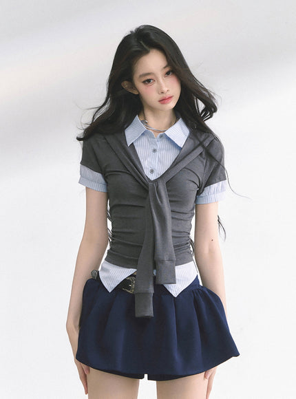 Layered Knit Tie Shirt - Gray