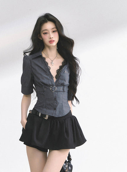 Heart Buckle Stripe Blouse -Black