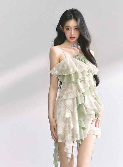 Green Ruffle Tiered Mini Dress