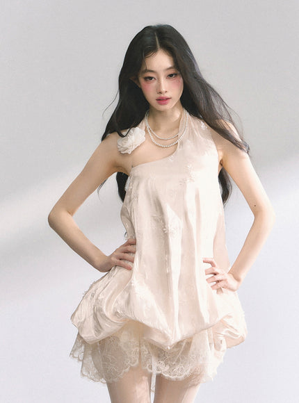 Ivory Lace Trim Halter Babydoll Dress