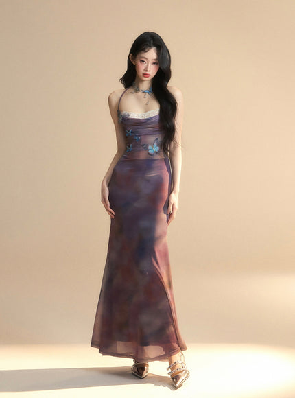 Sheer Butterfly Appliqué Halter Maxi Dress