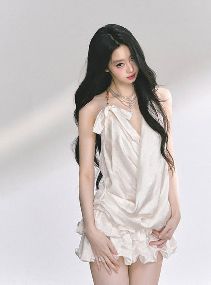 Ivory Satin Halter Ruffle Romper Dress