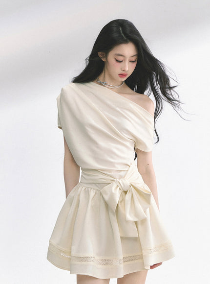 Graceful Ribbon Waist Dress - Apricot