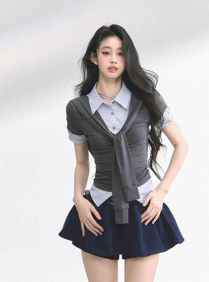 Layered Knit Tie Shirt - Gray