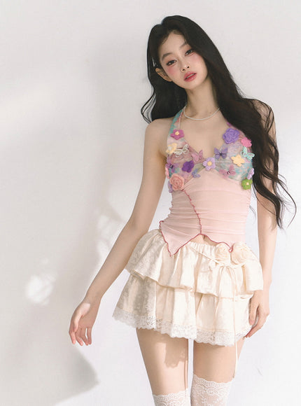 Sheer Floral Appliqué Halter Top
