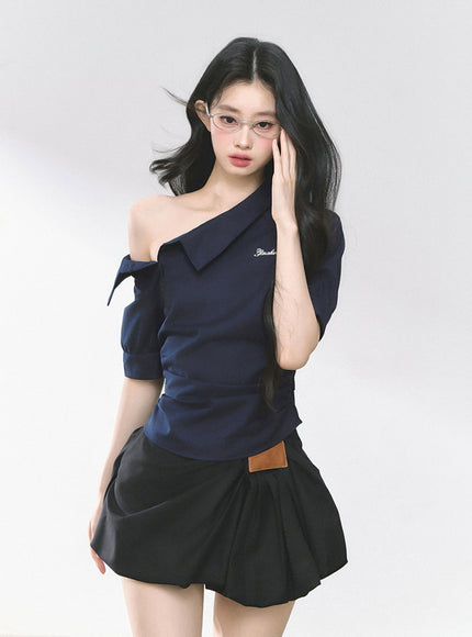 Off-Shoulder Shirt Blouse - Navy