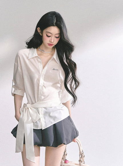 Classic Tie-Detail Button-Up Shirt