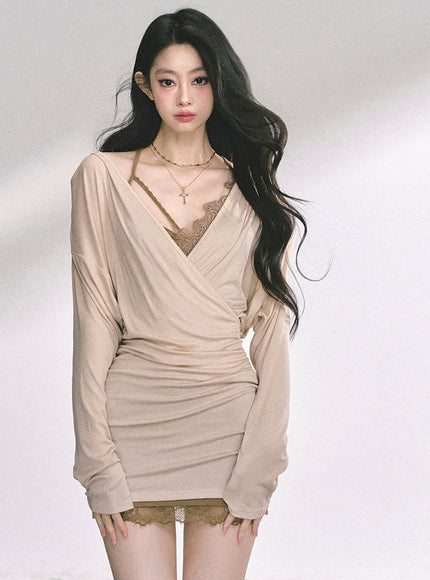 Beige Wrap Mini Dress Set with Khaki Lace Slip