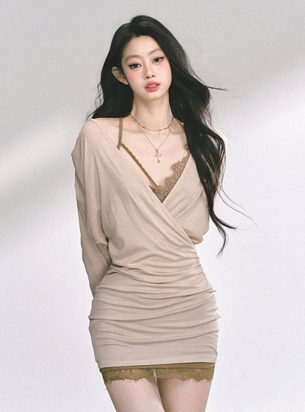 Beige Wrap Mini Dress Set with Khaki Lace Slip