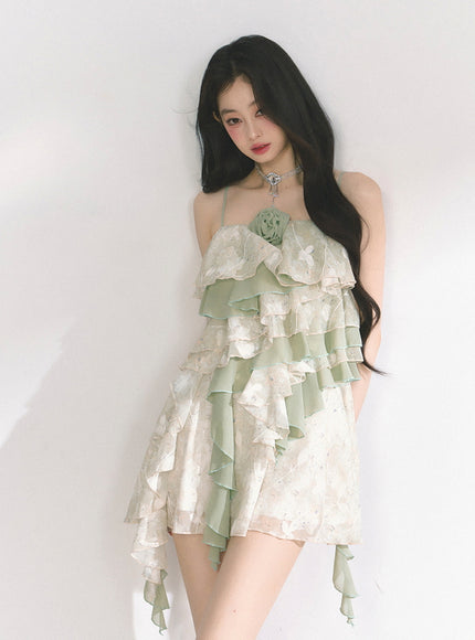 Green Ruffle Tiered Mini Dress