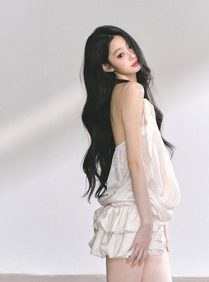 Ivory Satin Halter Ruffle Romper Dress