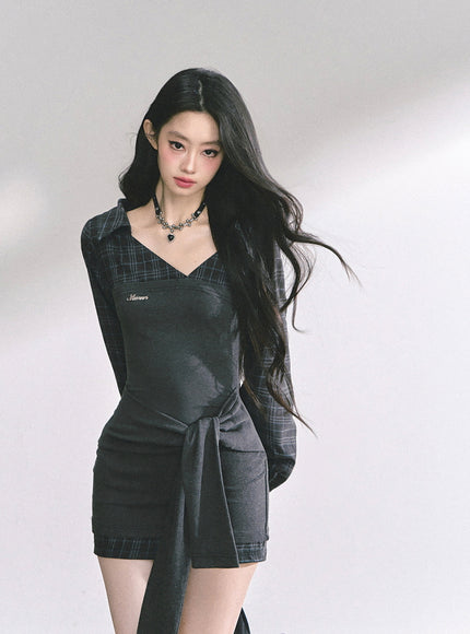 Noir Academia Wrap Dress - Gray