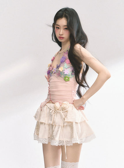 Sheer Floral Appliqué Halter Top