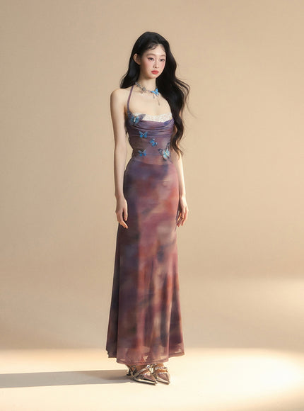 Sheer Butterfly Appliqué Halter Maxi Dress