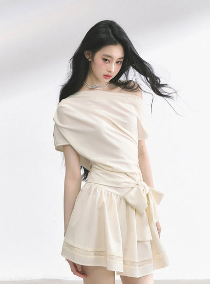 Graceful Ribbon Waist Dress - Apricot