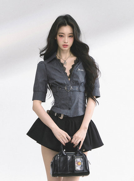 Heart Buckle Stripe Blouse -Black