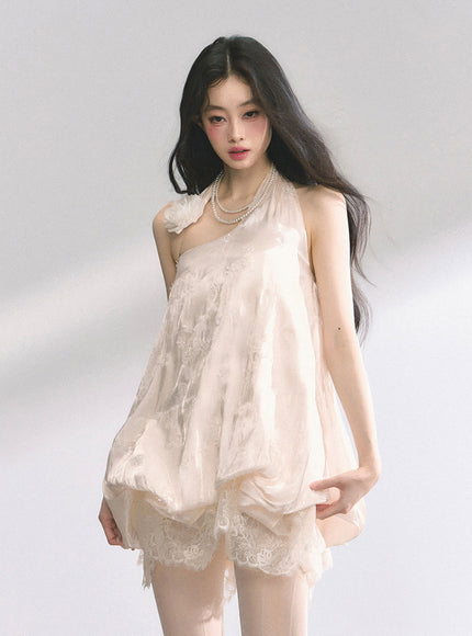 Ivory Lace Trim Halter Babydoll Dress