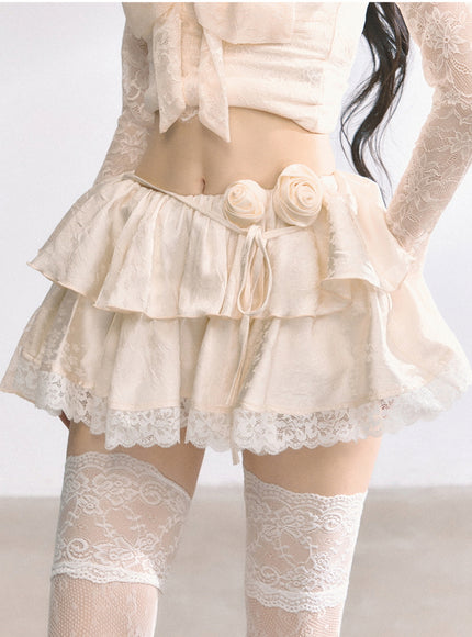 Apricot Tiered Lace Mini Skirt