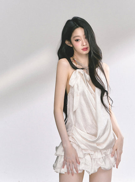Ivory Satin Halter Ruffle Romper Dress