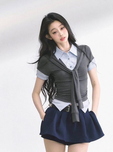 Layered Knit Tie Shirt - Gray