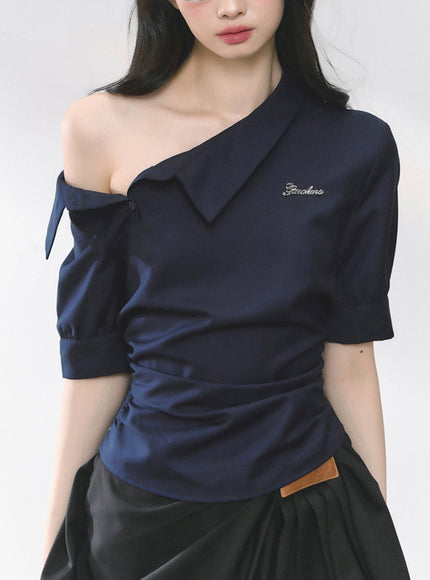 Off-Shoulder Shirt Blouse - Navy