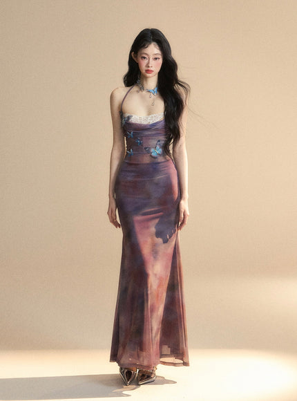 Sheer Butterfly Appliqué Halter Maxi Dress