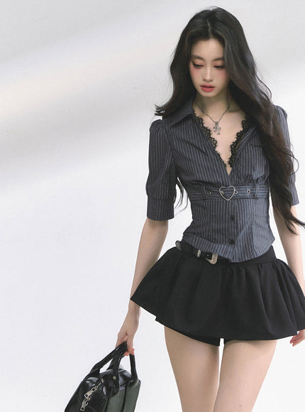 Heart Buckle Stripe Blouse -Black