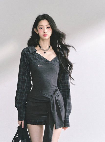 Noir Academia Wrap Dress - Gray