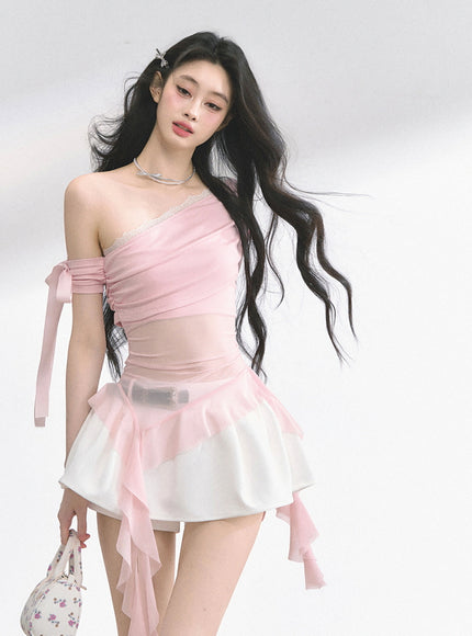 Pink Sheer Layered Off-Shoulde Top