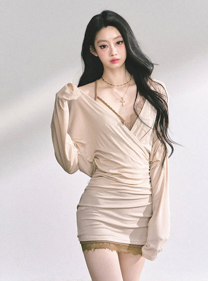 Beige Wrap Mini Dress Set with Khaki Lace Slip