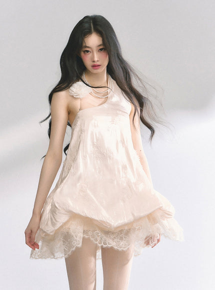 Ivory Lace Trim Halter Babydoll Dress