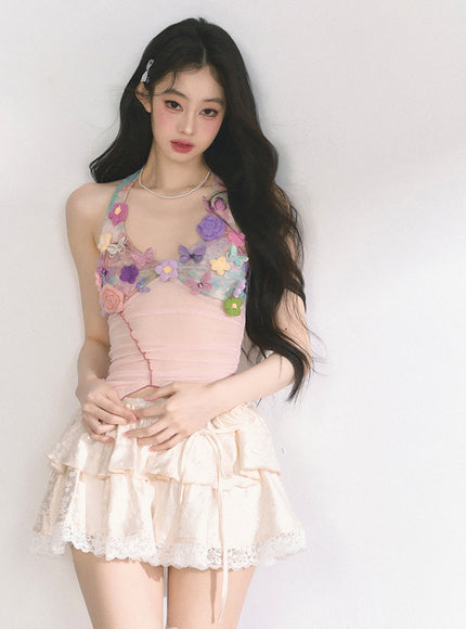 Sheer Floral Appliqué Halter Top
