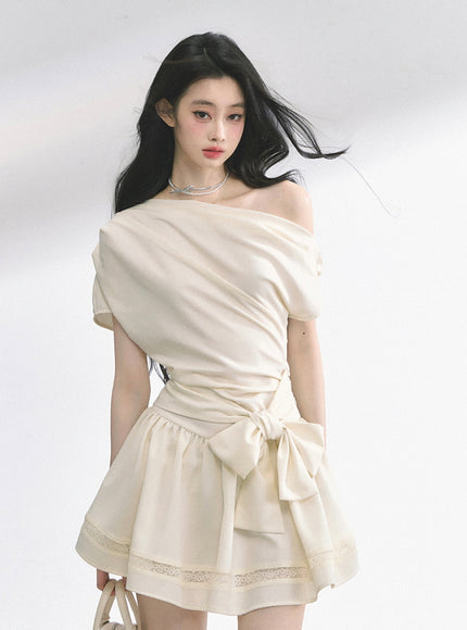 Graceful Ribbon Waist Dress - Apricot