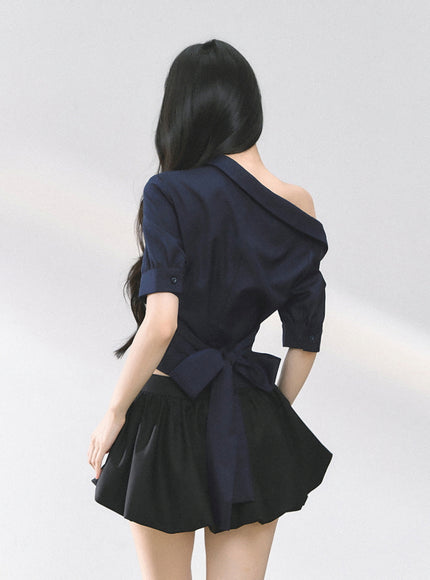 Off-Shoulder Shirt Blouse - Navy