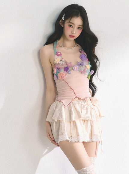 Sheer Floral Appliqué Halter Top