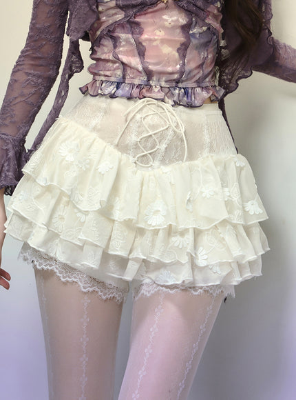 White Lace-Up Tiered Lace Skirt