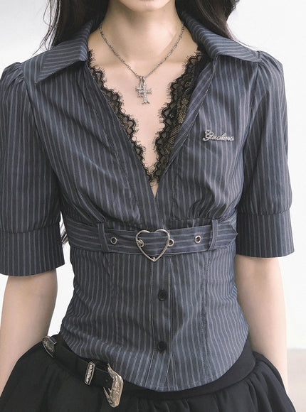 Heart Buckle Stripe Blouse -Black