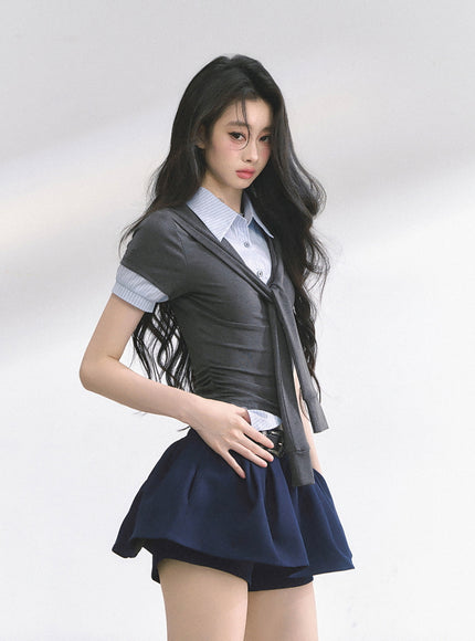 Layered Knit Tie Shirt - Gray