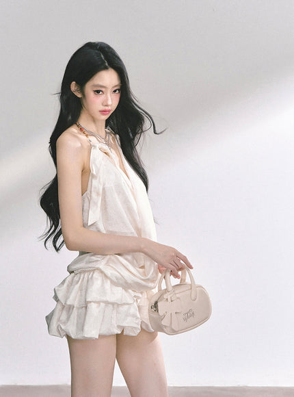 Ivory Satin Halter Ruffle Romper Dress