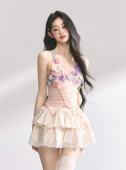 Sheer Floral Appliqué Halter Top