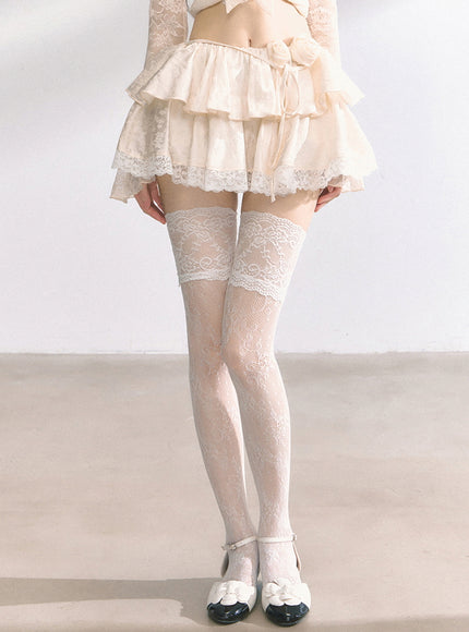 Apricot Tiered Lace Mini Skirt