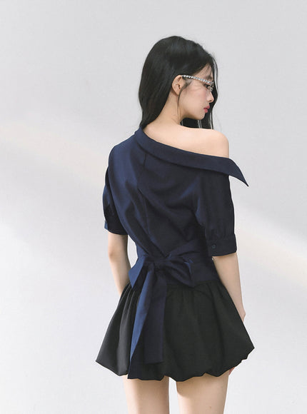 Off-Shoulder Shirt Blouse - Navy