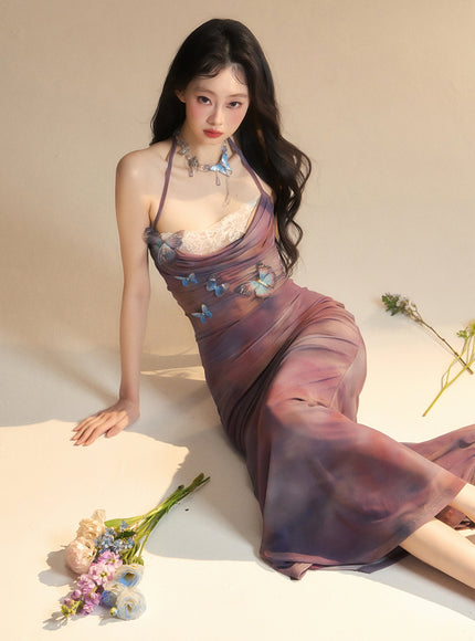 Sheer Butterfly Appliqué Halter Maxi Dress