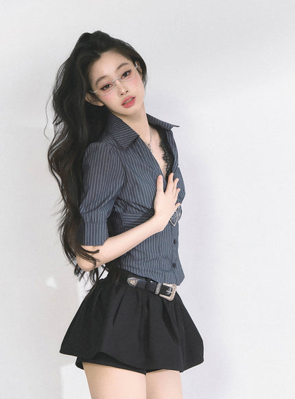 Heart Buckle Stripe Blouse -Black