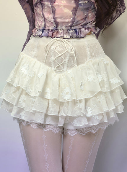 White Lace-Up Tiered Lace Skirt