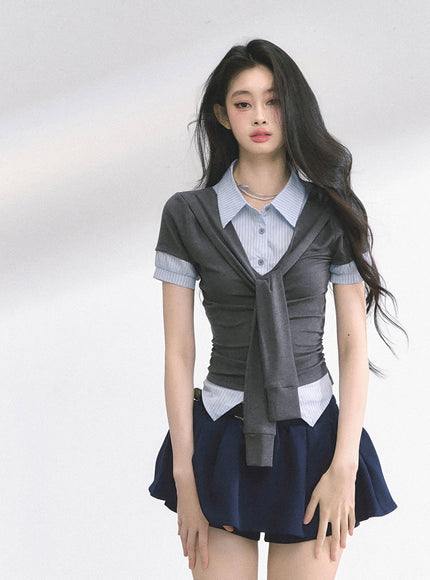 Layered Knit Tie Shirt - Gray