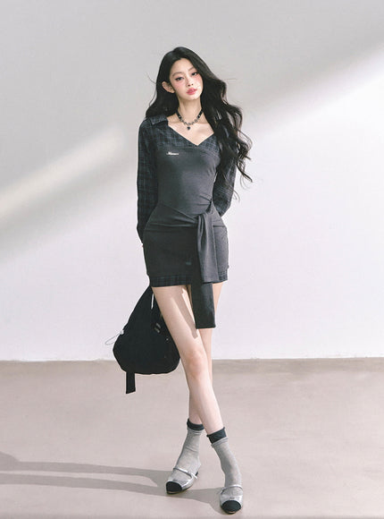 Noir Academia Wrap Dress - Gray