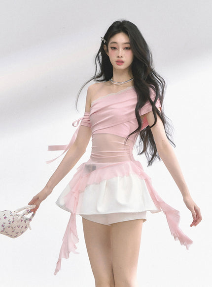 Pink Sheer Layered Off-Shoulde Top