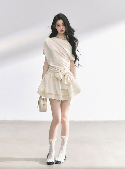 Graceful Ribbon Waist Dress - Apricot